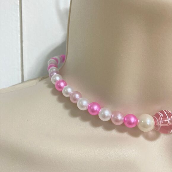 BARBIE Core Pink White Swirl Rose Colored Beads Statement Choker Necklace 16 in - Picture 7 of 11